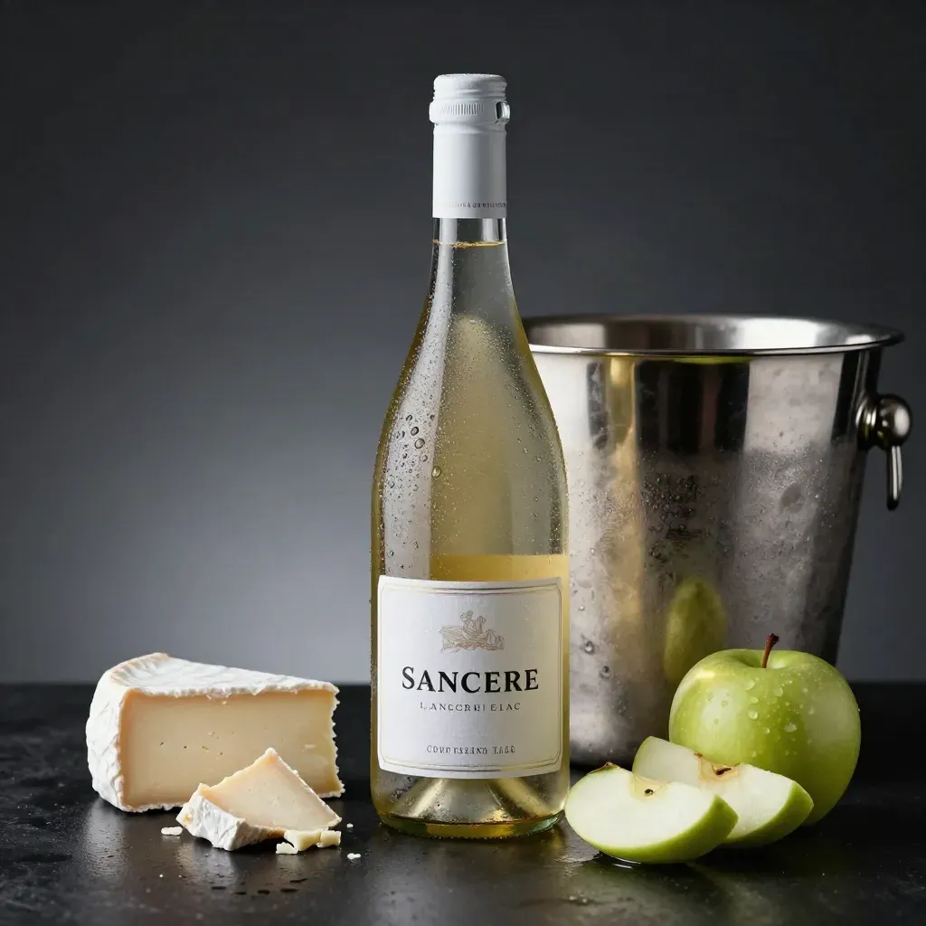 Bouteille de Sancerre, fromage de chèvre, pommes vertes et seau à glace en lumière sombre.