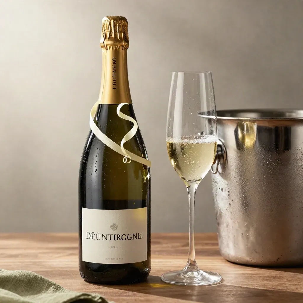 Bouteille de crémant, flûte, seau à glace et ruban pâle sur fond élégant.