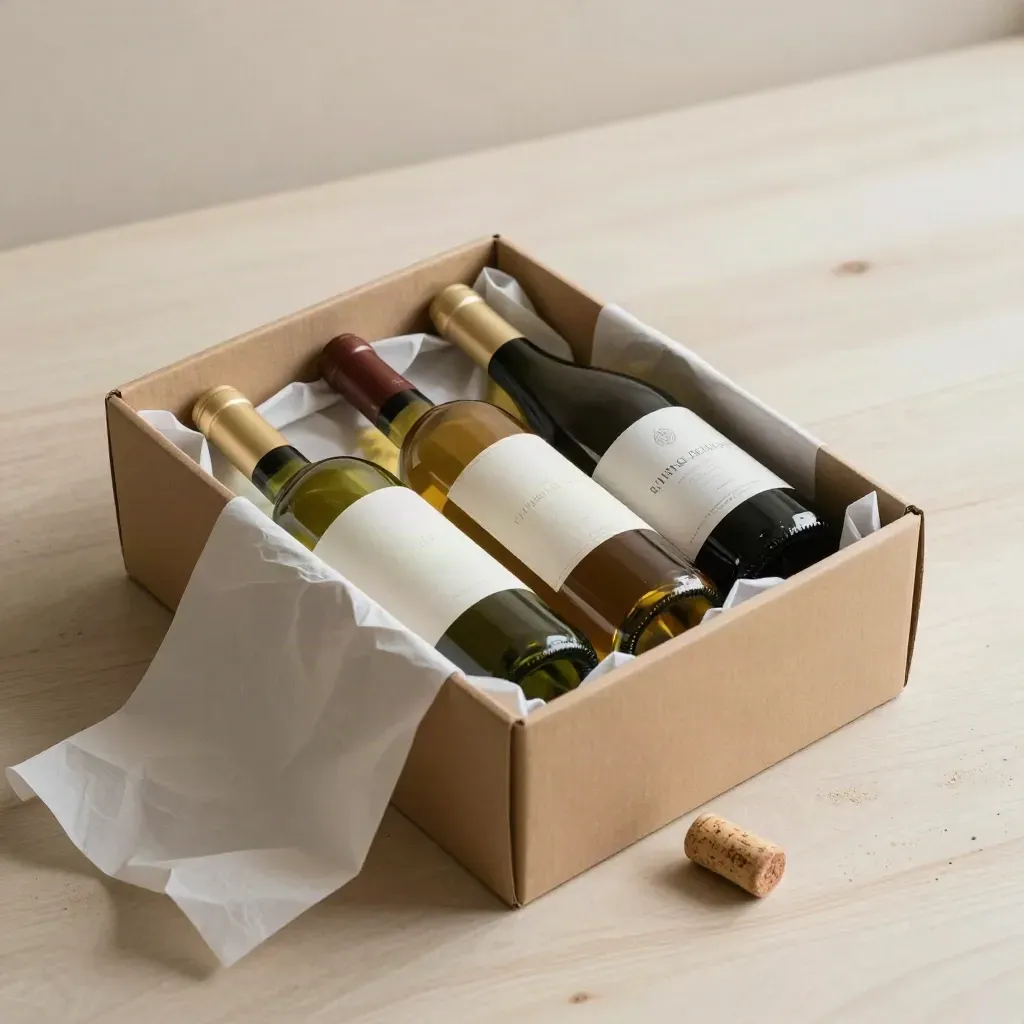 Coffret cadeau de trois bouteilles de vin dans une boîte kraft ouverte.