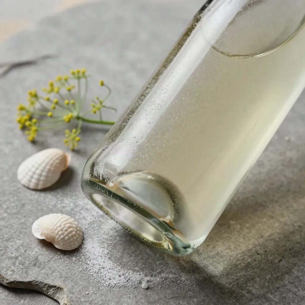 Gros plan d’une bouteille de vin blanc sur calcaire avec fenouil, coquillage et craie.