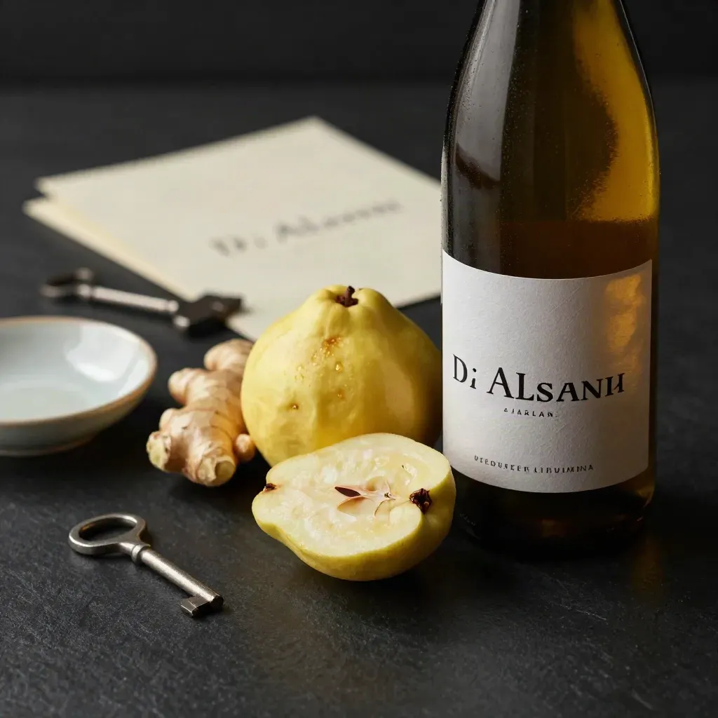 Bouteille de Gewurztraminer, coing, gingembre et plat céramique sur fond noir.