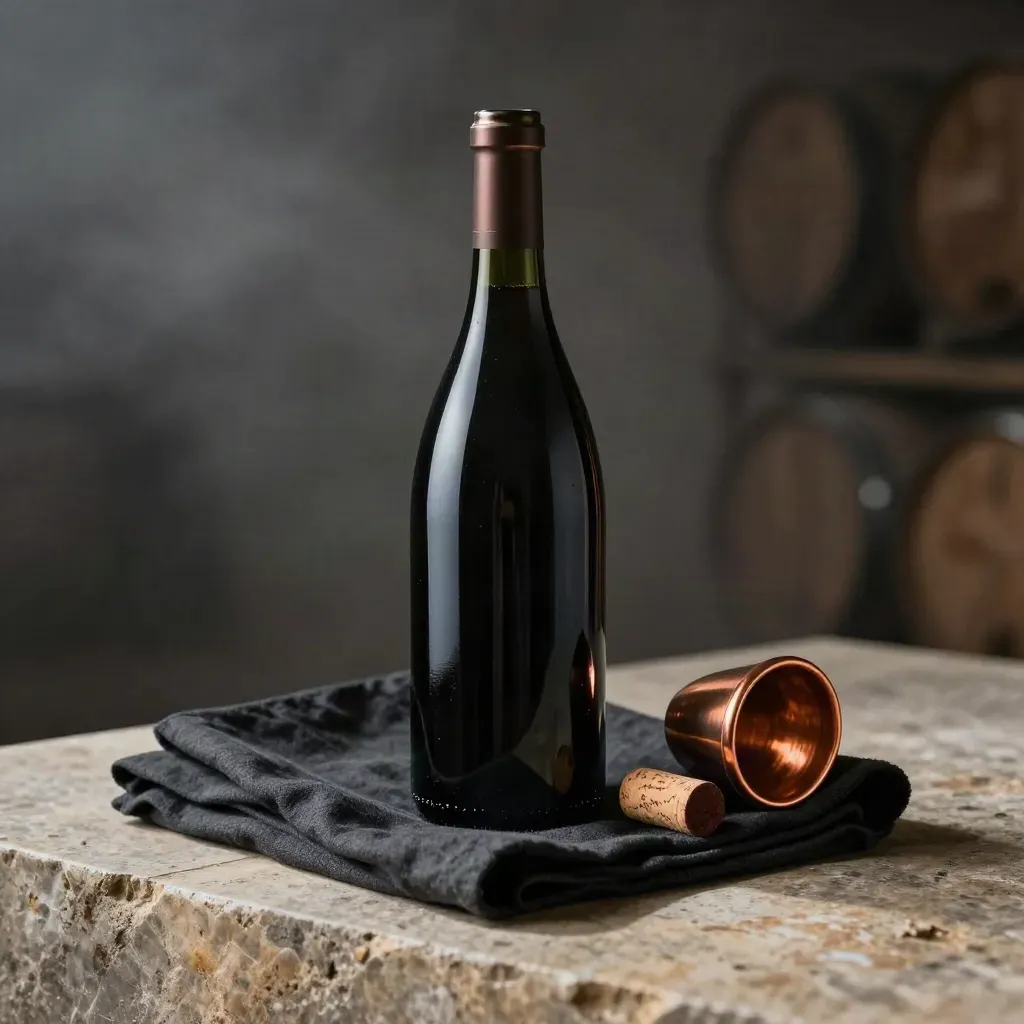 Bouteille magnum de Bordeaux sur drap sombre, reflets de verre et lueur cuivre