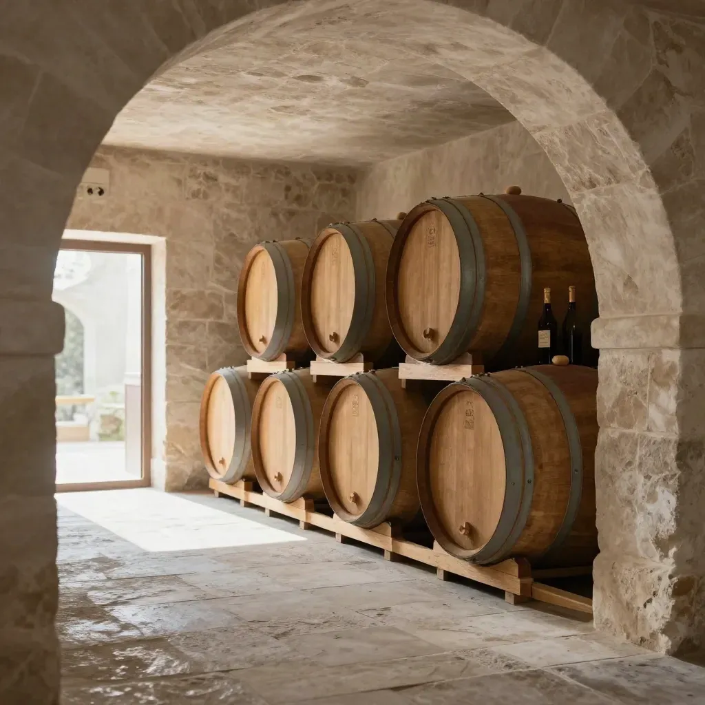 Vieux cellier en pierre avec fûts de chêne et caisses de vin, lumière crème douce.